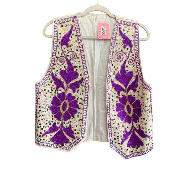 Embroidered Sequins Open Front Jacket Vest Unisex Cream Purple Sleeveless - Picture 7 of 7